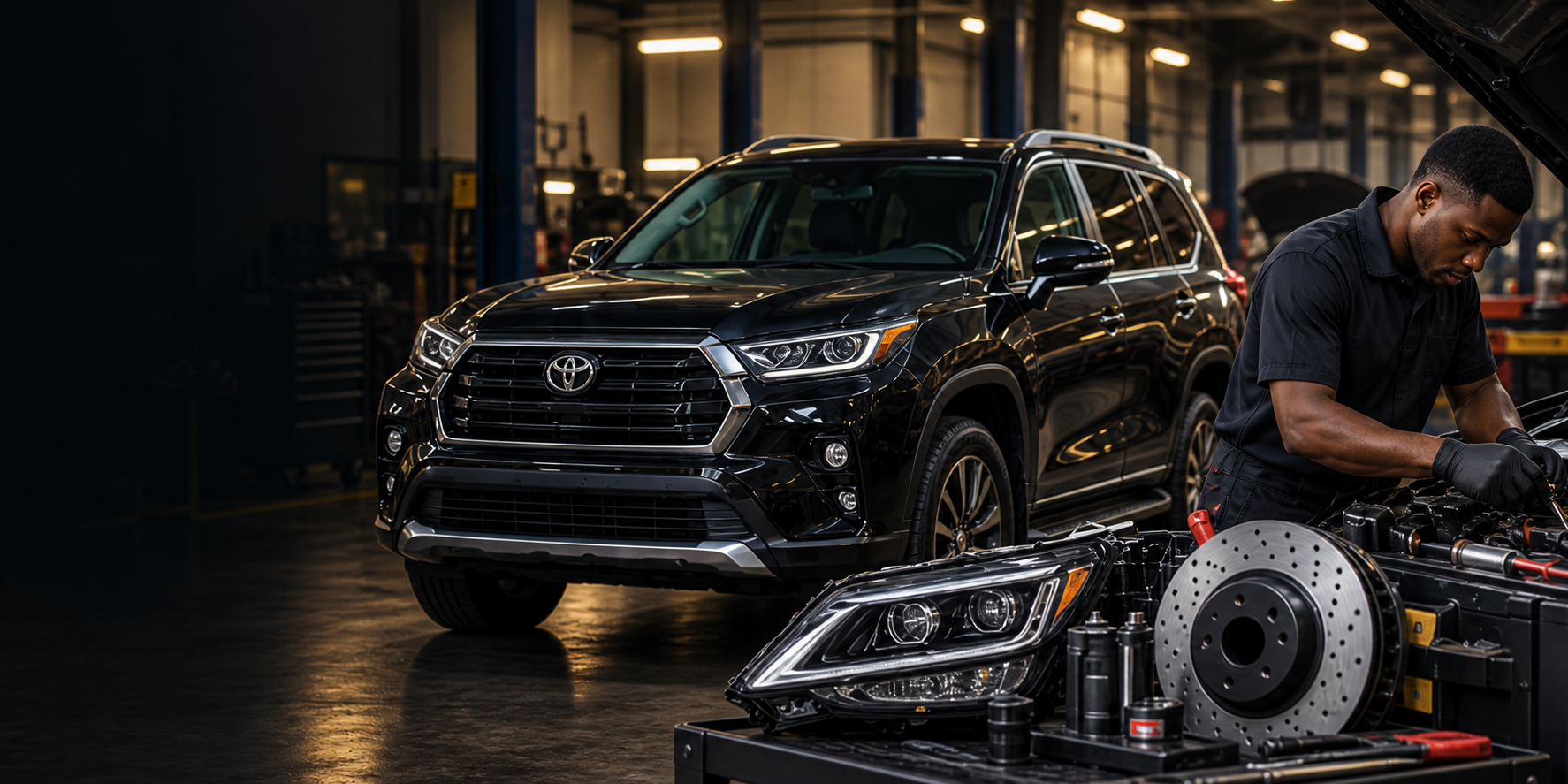 Premium SUV, automotive parts and a Naijack service professional in a modern workshop